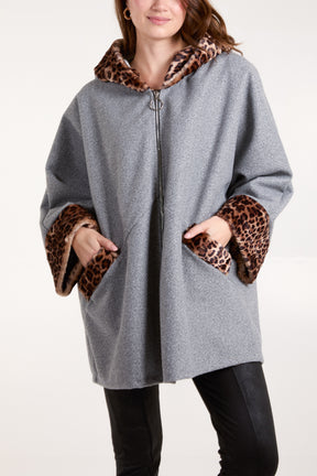 Leopard Fur Trim Hooded Coat