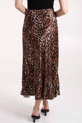 Brushed Leopard Satin Midi Skirt