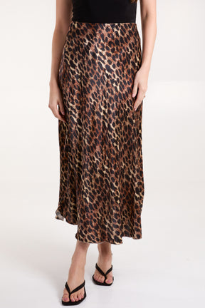 Brushed Leopard Satin Midi Skirt