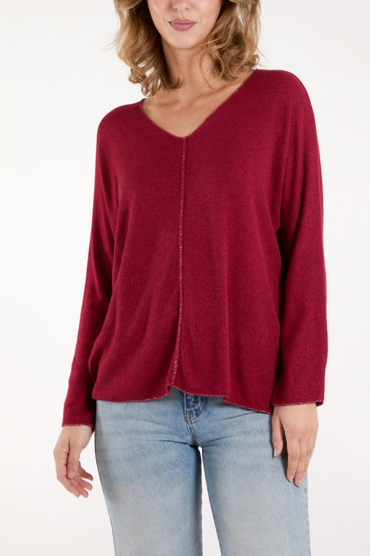 Lurex Trim V-Neck Fine Knit Jumper