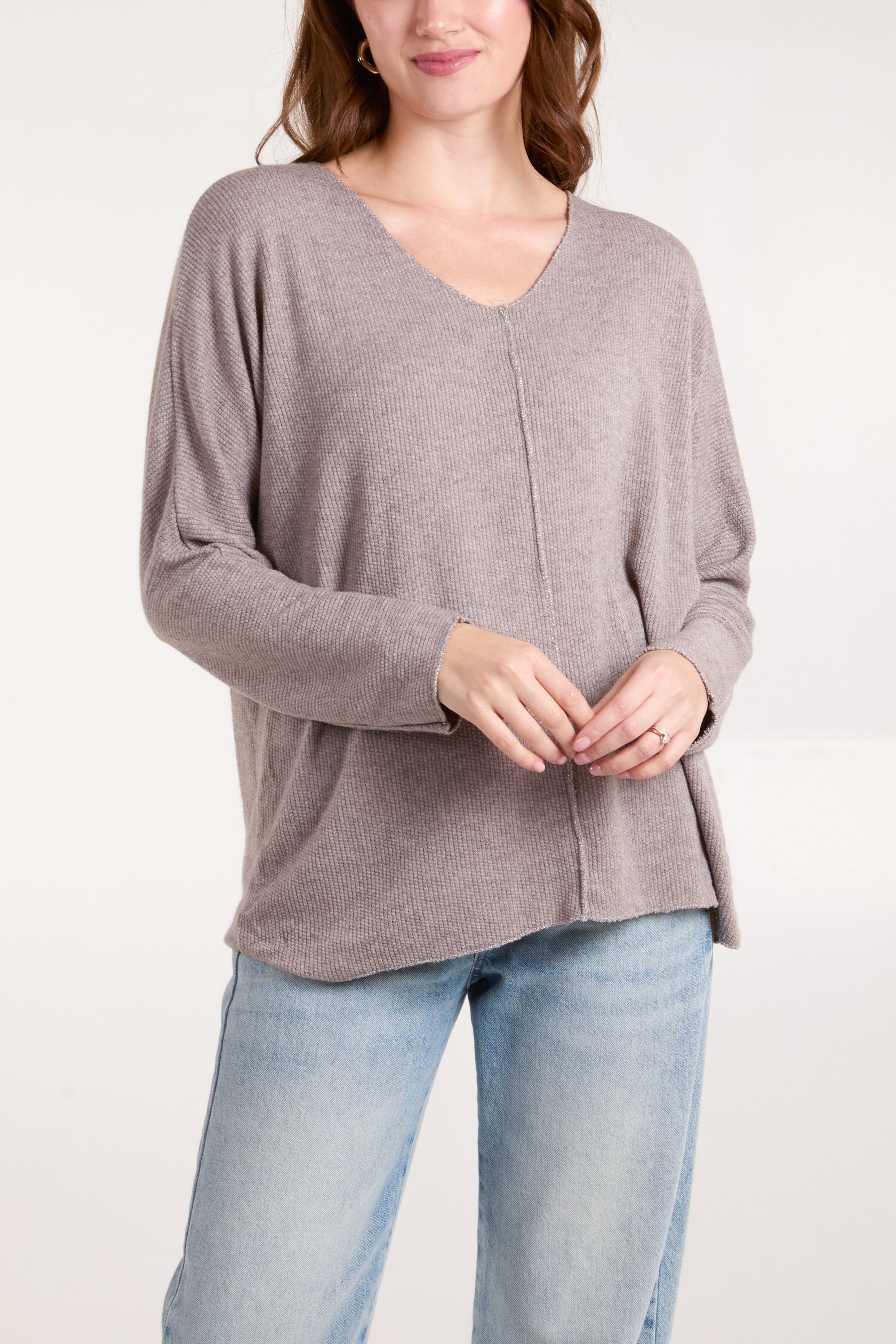 Lurex Trim V-Neck Fine Knit Jumper