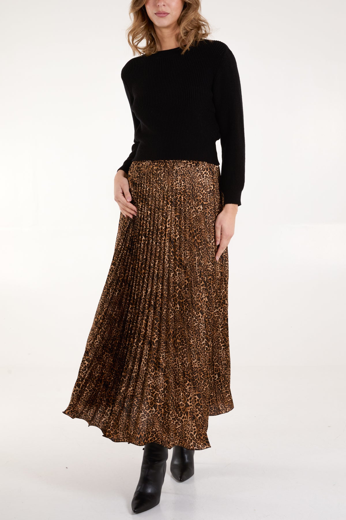 Brushed Leopard Satin Pleated Skirt