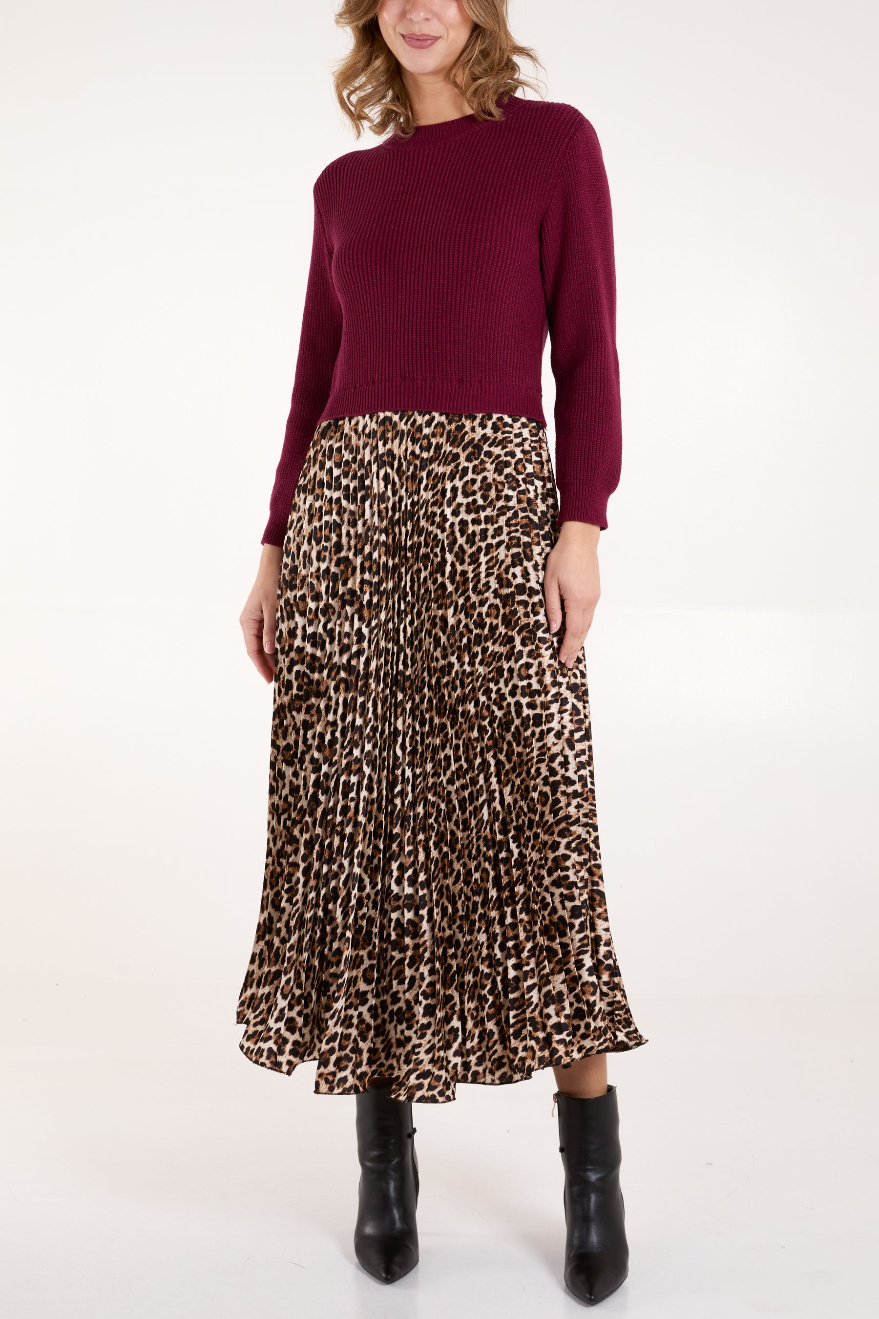 Jumper & Leopard Pleated Skirt Dress