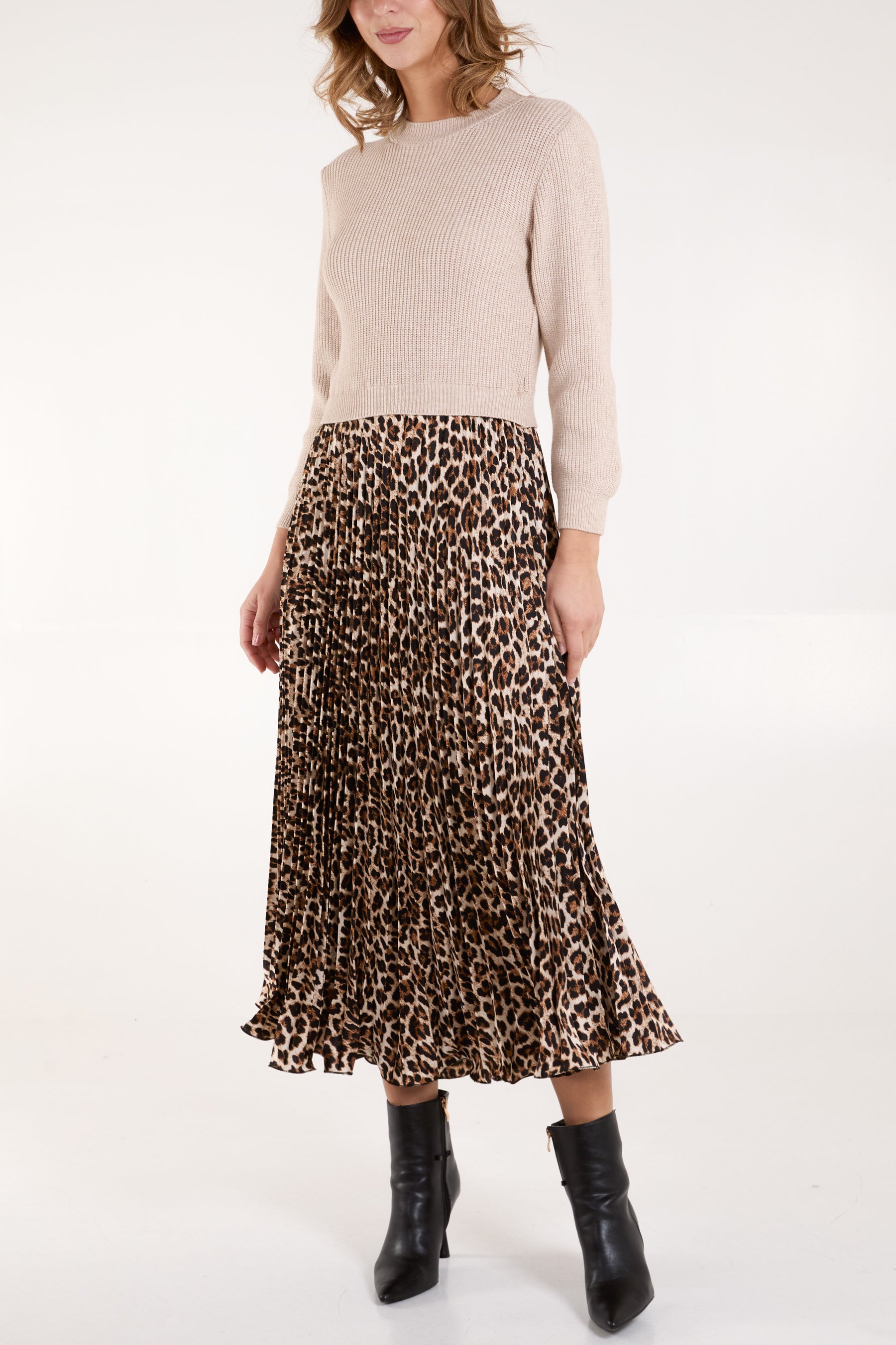 Jumper & Leopard Pleated Skirt Dress