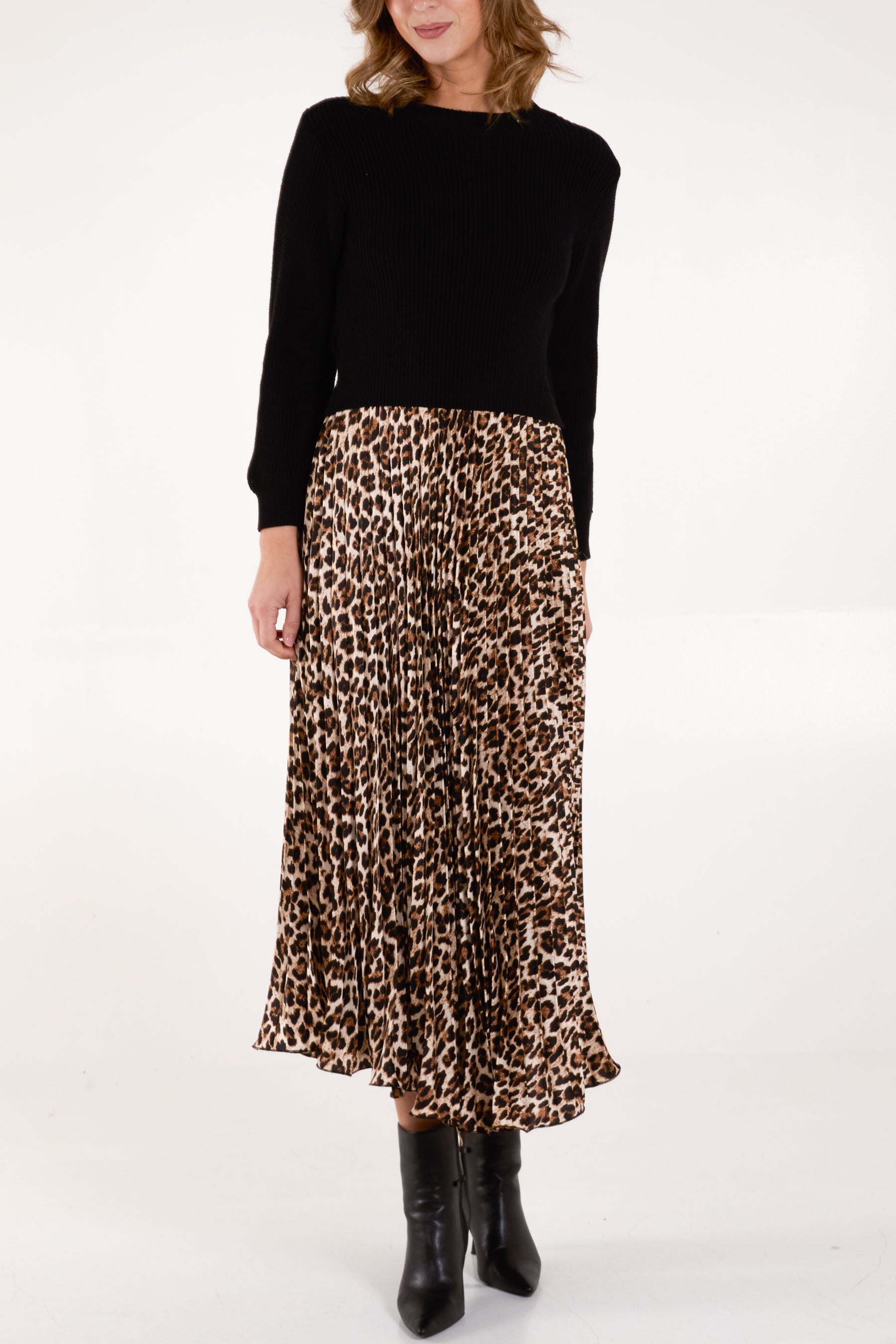 Jumper & Leopard Pleated Skirt Dress