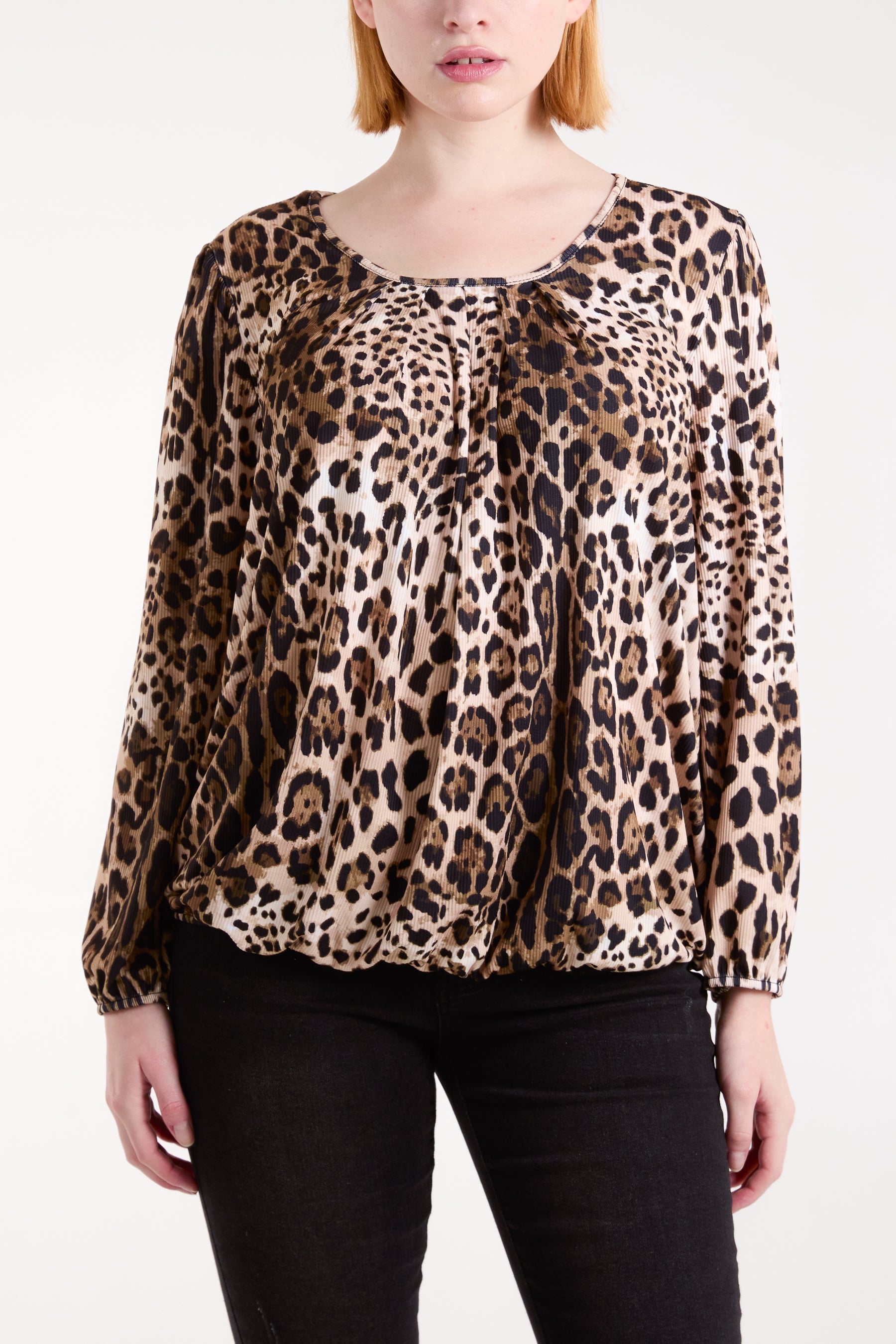 Animal Round Neck Bubble Hem Rib Top