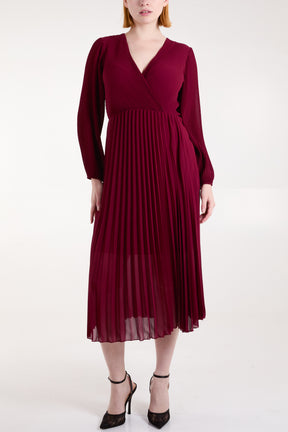 Wrap Front Pleated Midi Dress