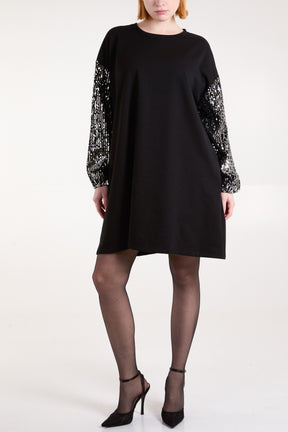 Sequin Sleeve Pocket Sweatshirt Dress