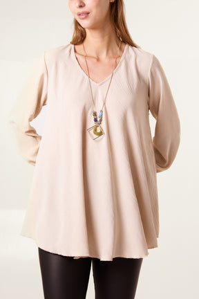 Necklace V-Neck Bell Sleeve Blouse