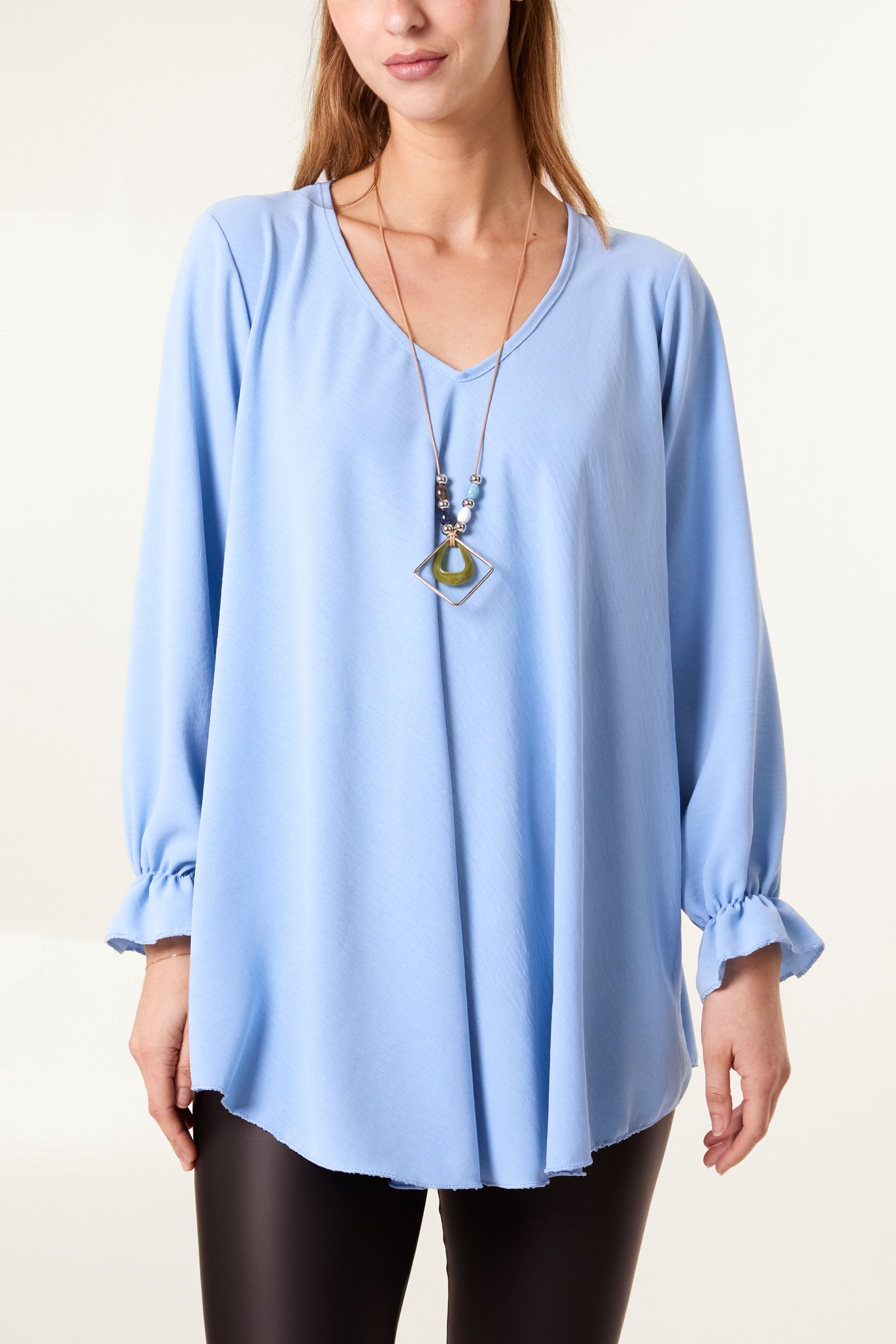 Necklace V-Neck Bell Sleeve Blouse