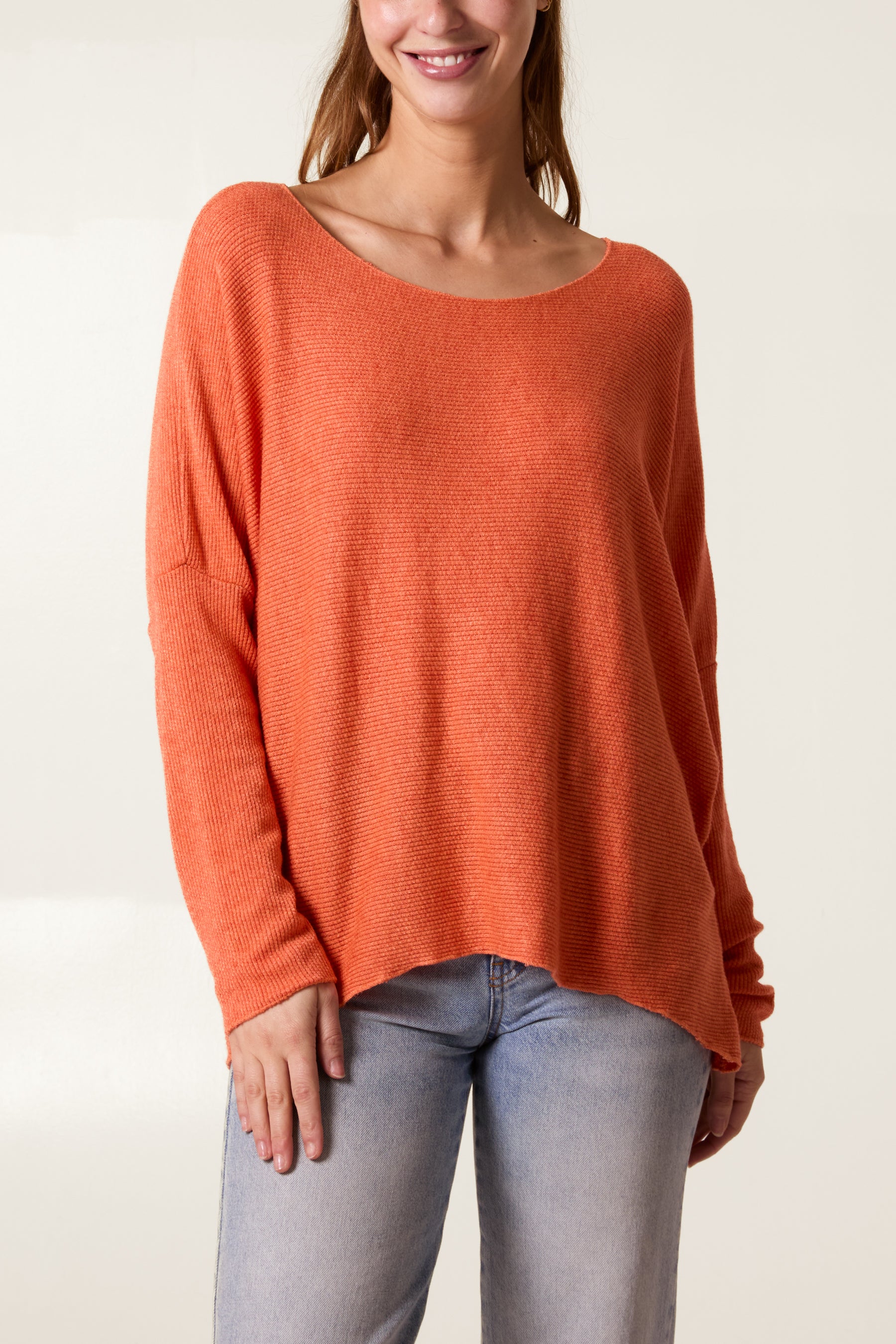 Boat Neck Waffle Fine Knit Top