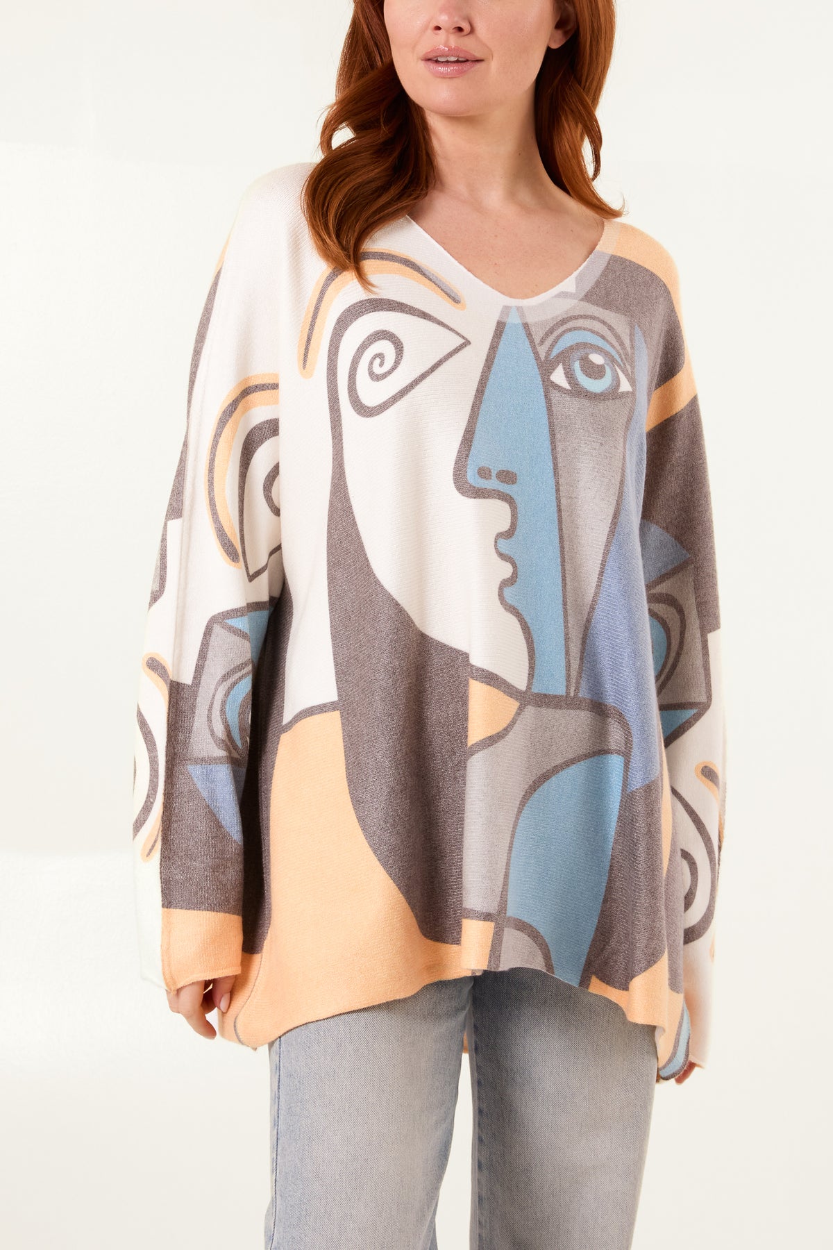 Face Print V-Neck Oversize Jumper