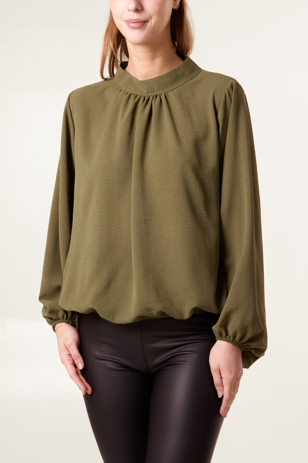 High Neck Puffball Sleeve Blouse