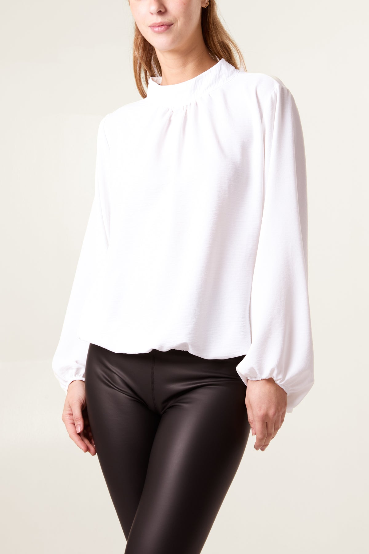 High Neck Puffball Sleeve Blouse