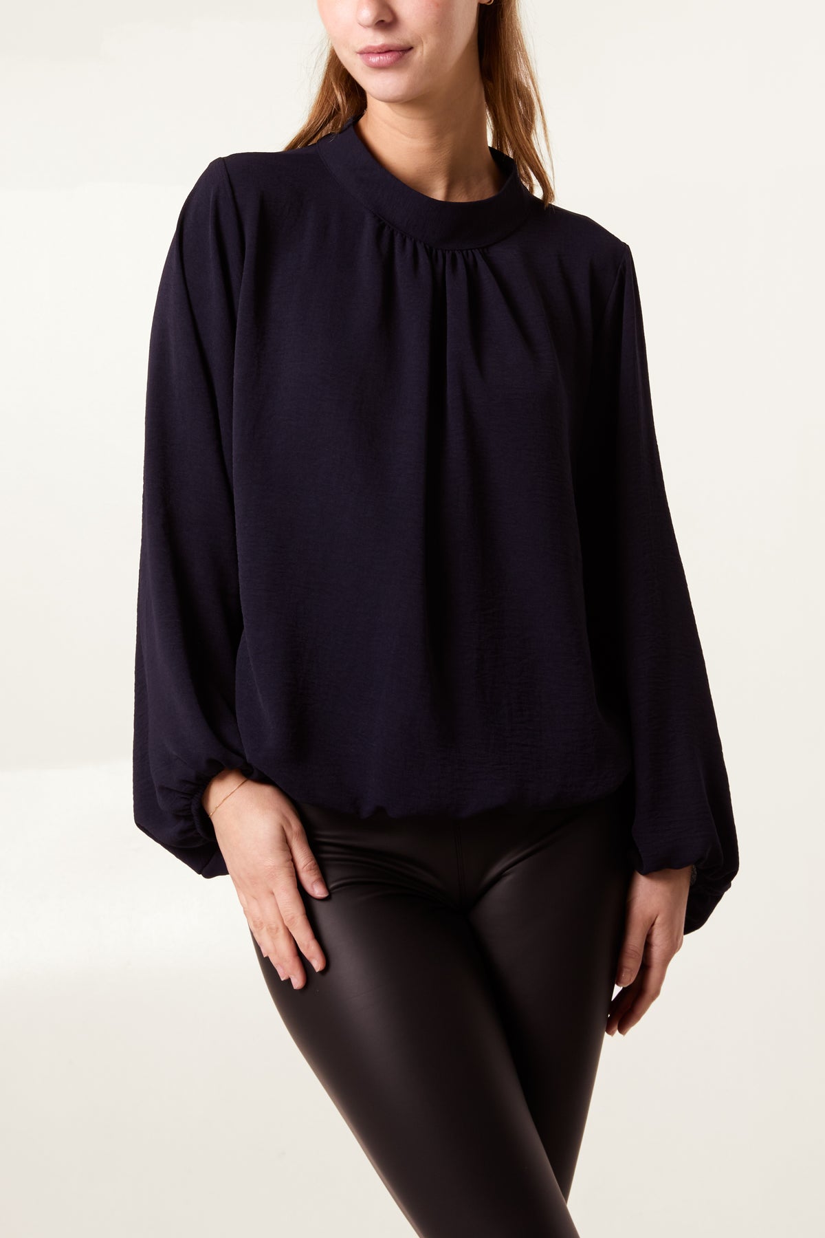 High Neck Puffball Sleeve Blouse