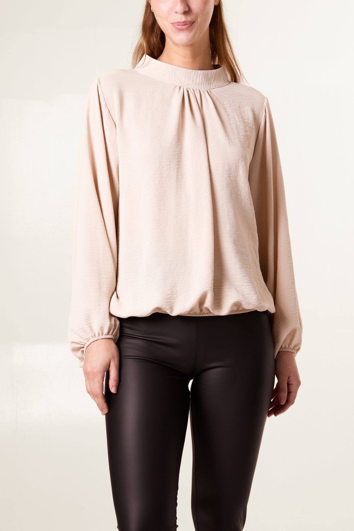 High Neck Puffball Sleeve Blouse