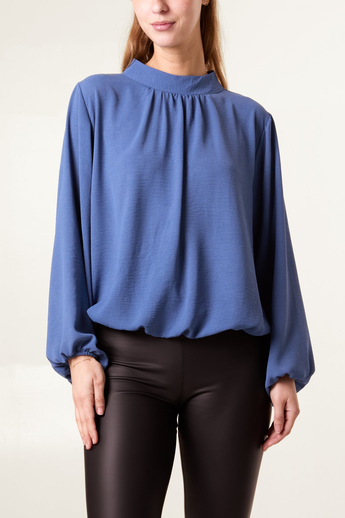 High Neck Puffball Sleeve Blouse