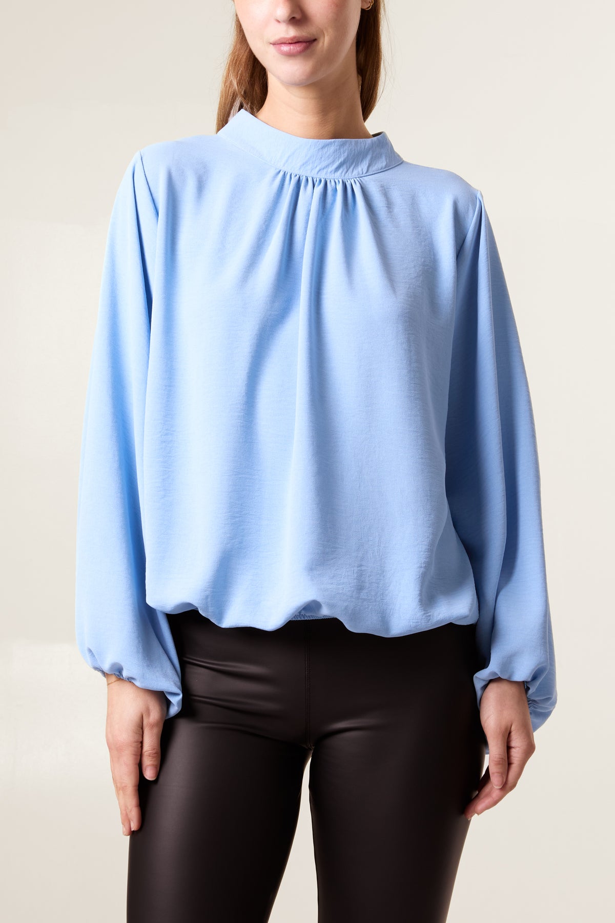 High Neck Puffball Sleeve Blouse