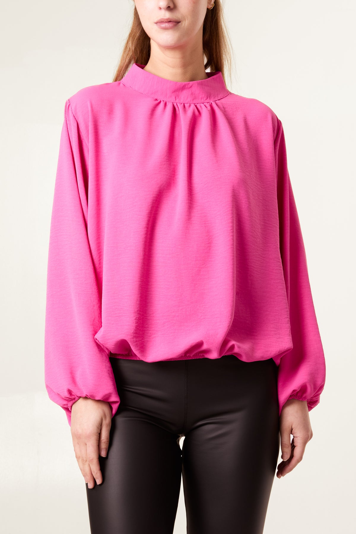 High Neck Puffball Sleeve Blouse