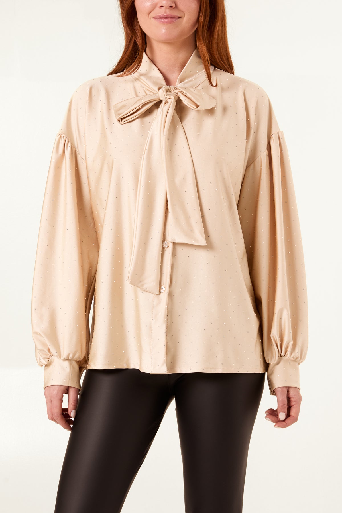 Pussy Bow Diamante Stretch Blouse