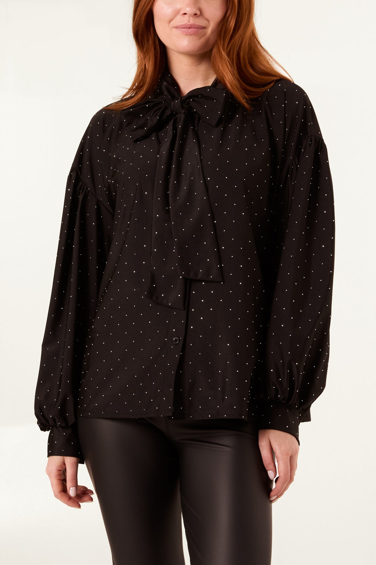 Pussy Bow Diamante Stretch Blouse