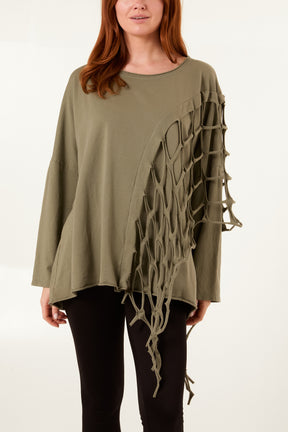 Distressed Net Asymmetric Long Sleeve Jumper