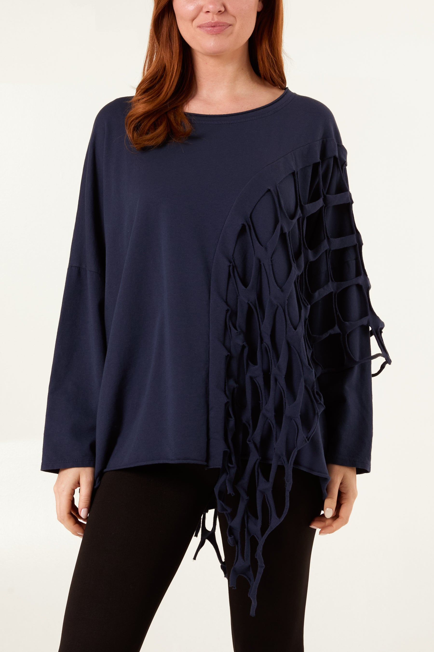 Distressed Net Asymmetric Long Sleeve Jumper