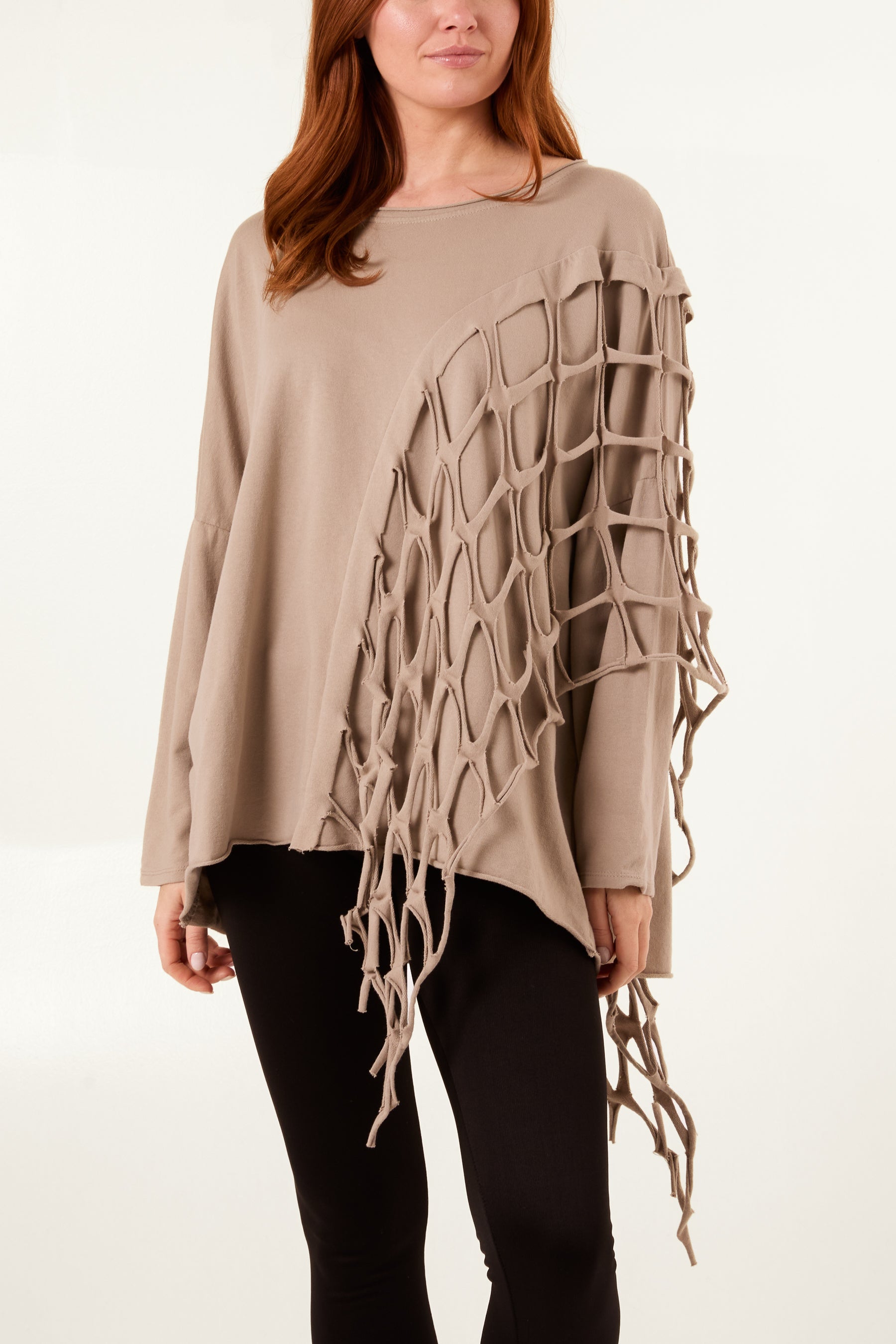 Distressed Net Asymmetric Long Sleeve Jumper