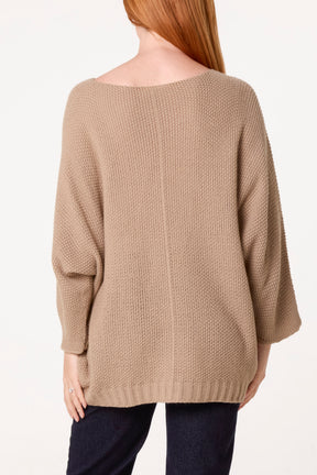 V-Neck Textured Batwing Jumper