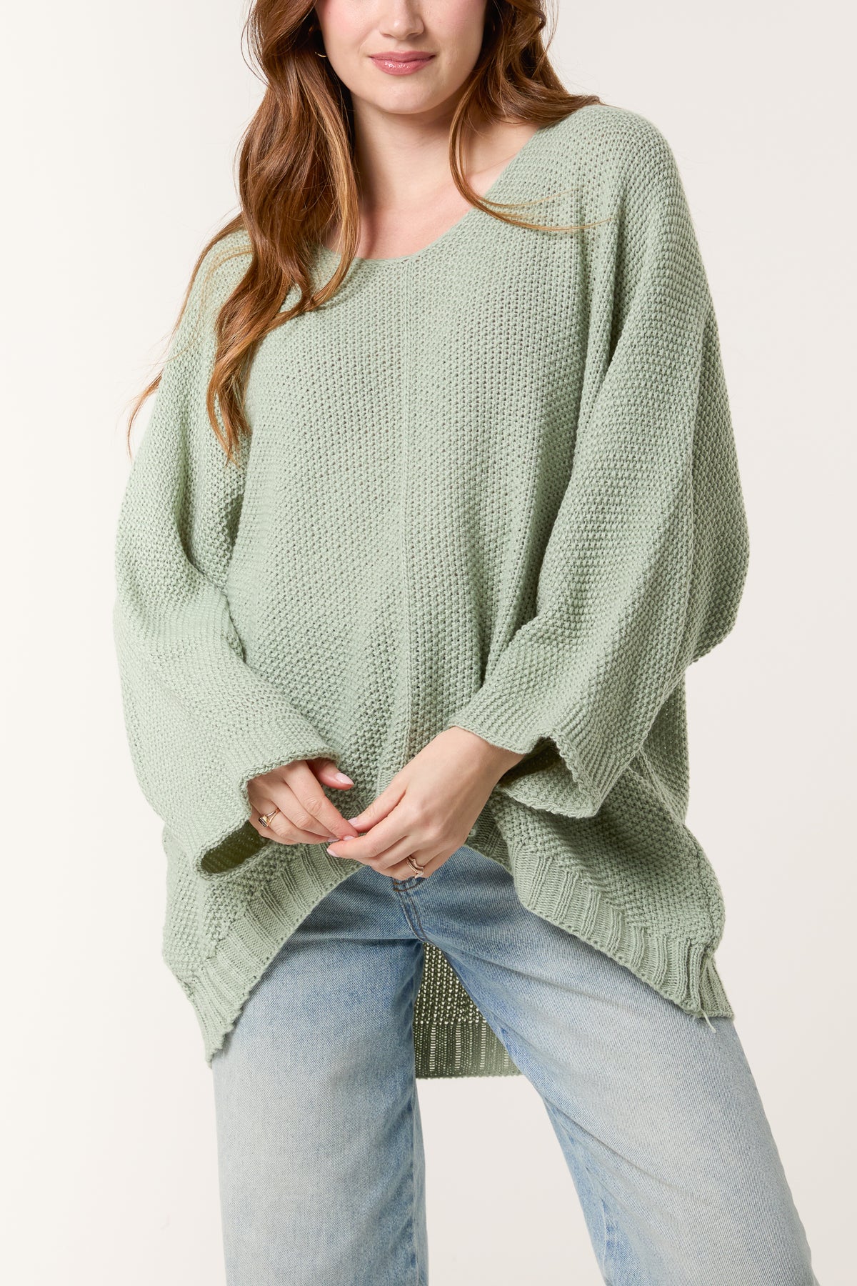 V-Neck Textured Batwing Jumper