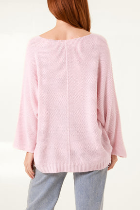 V-Neck Textured Batwing Jumper