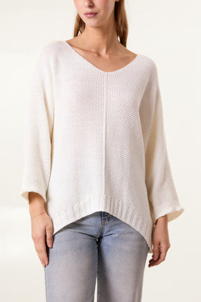 V-Neck Textured Batwing Jumper