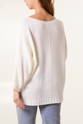 V-Neck Textured Batwing Jumper