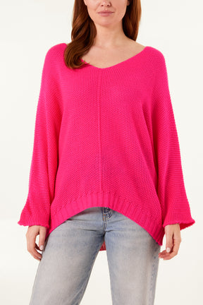 V-Neck Textured Batwing Jumper