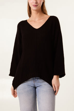 V-Neck Textured Batwing Jumper