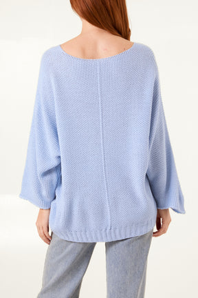 V-Neck Textured Batwing Jumper