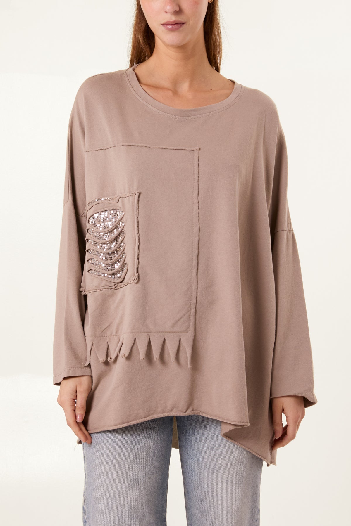 Distressed Sequins Detail Long Sleeve Top