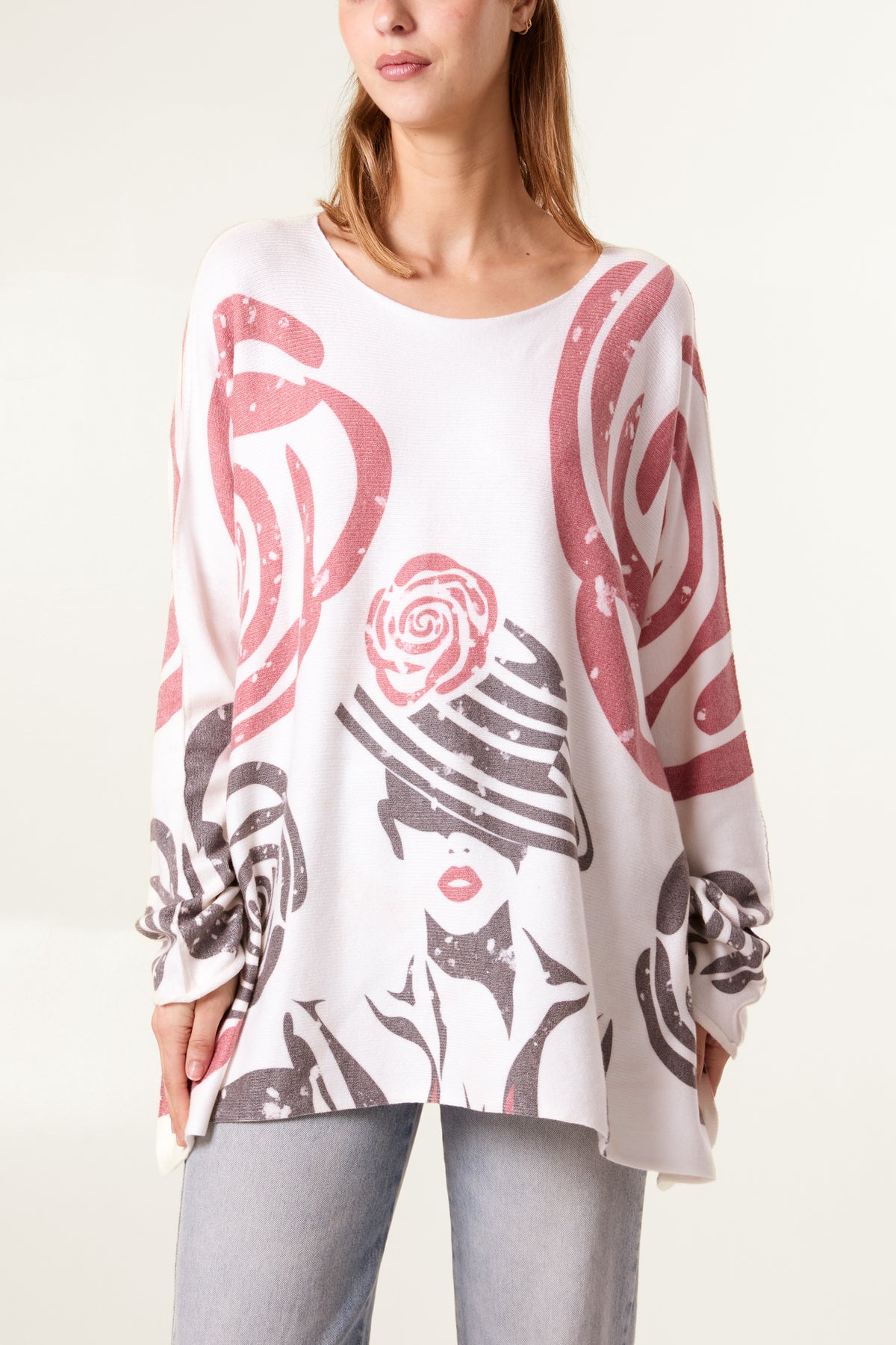 Roses Print Oversized Fine Knit Jumper