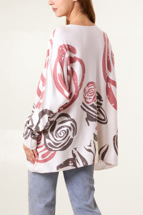 Roses Print Oversized Fine Knit Jumper