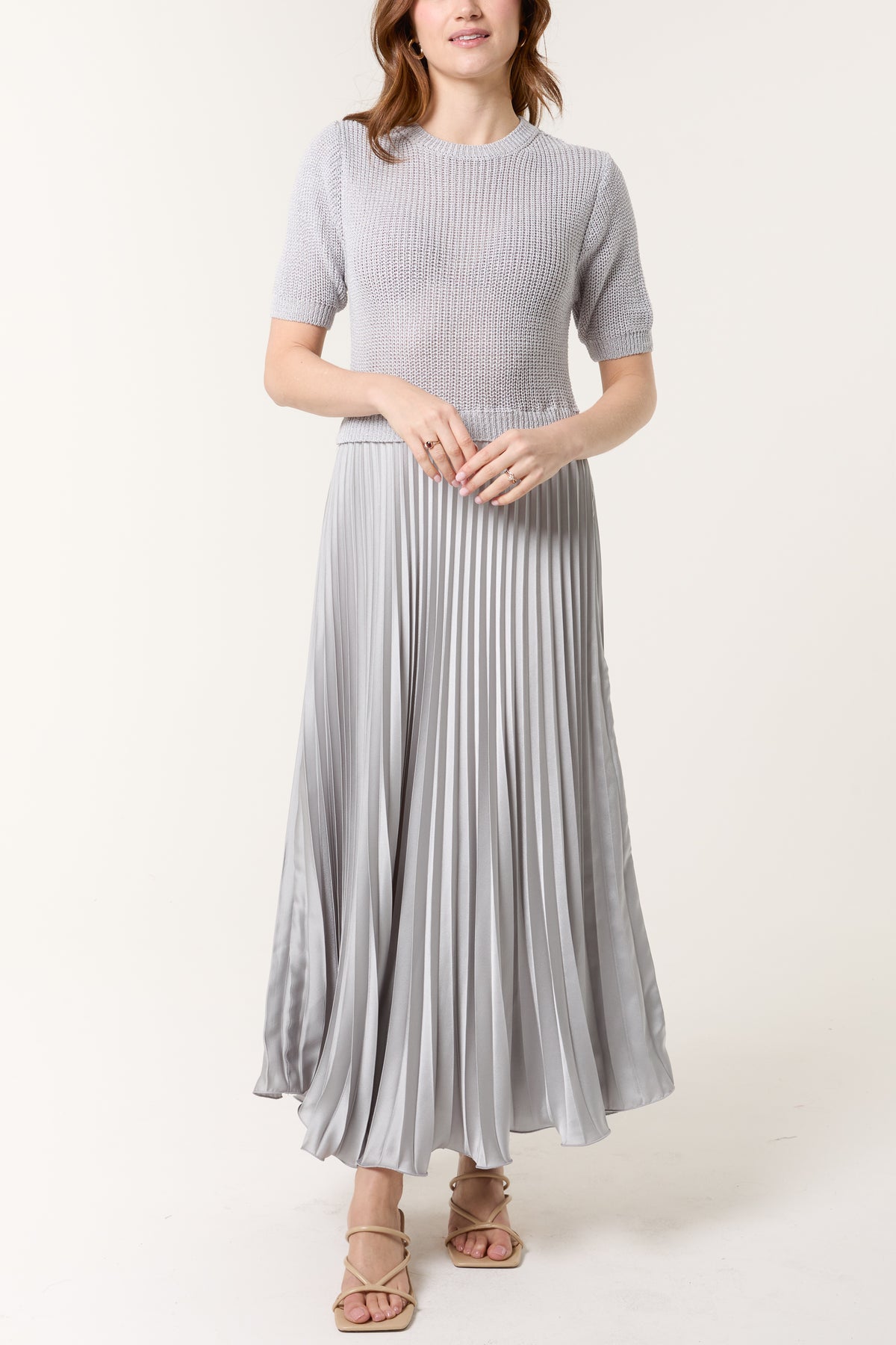 Short Sleeve Knit Top Satin Skirt Dress