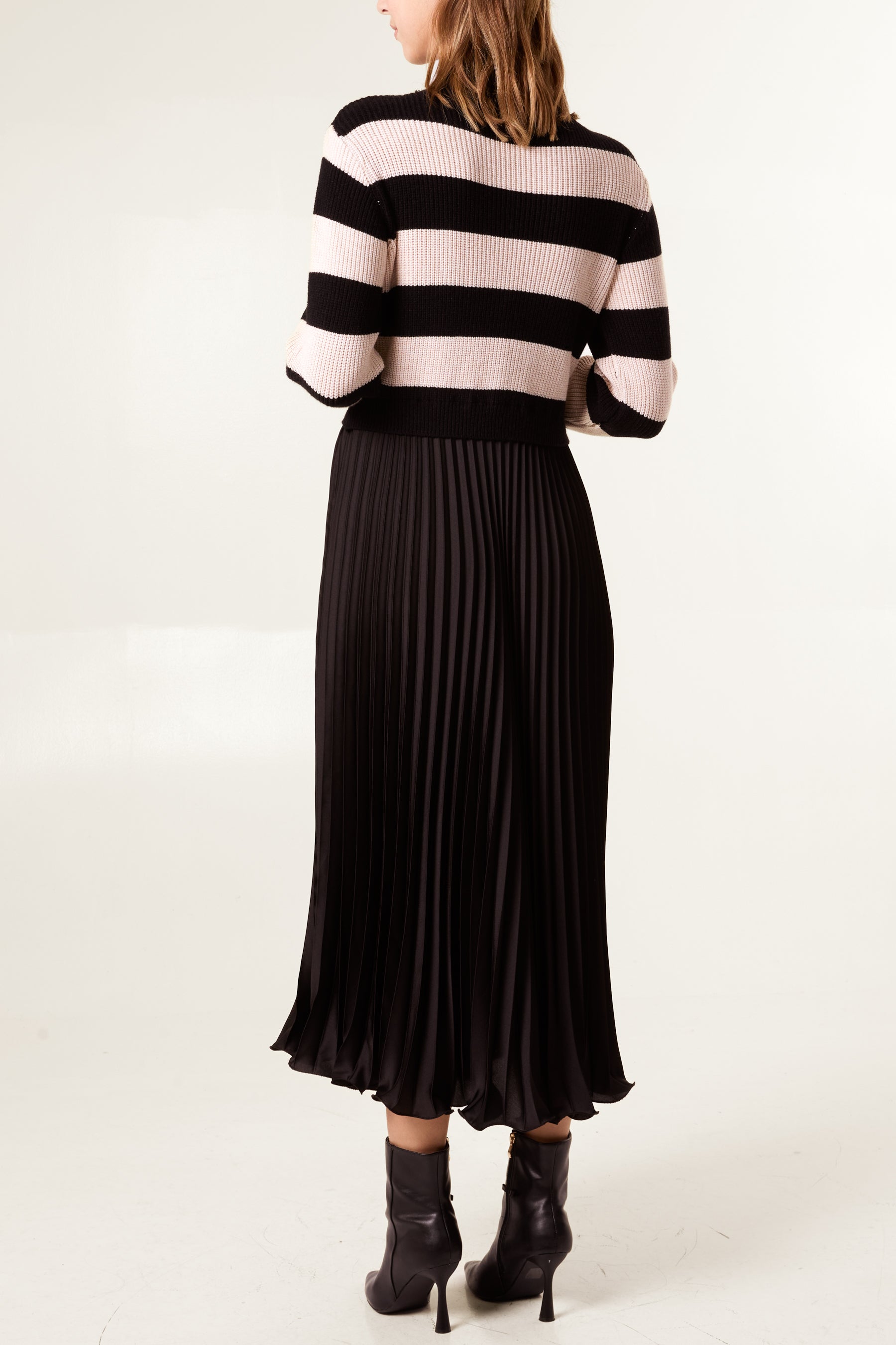 High Neck Striped Jumper Satin Skirt Dress