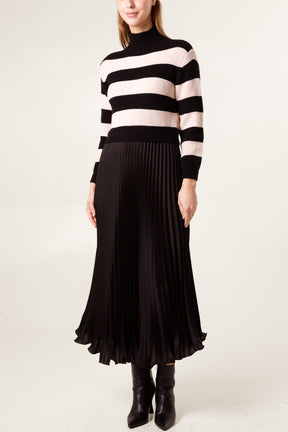 High Neck Striped Jumper Satin Skirt Dress