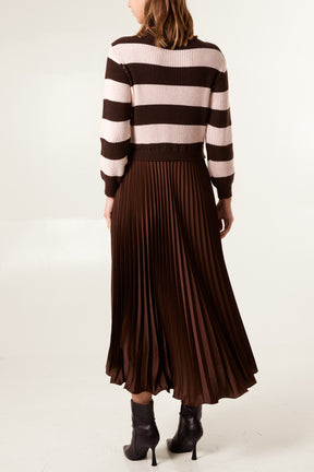 High Neck Striped Jumper Satin Skirt Dress