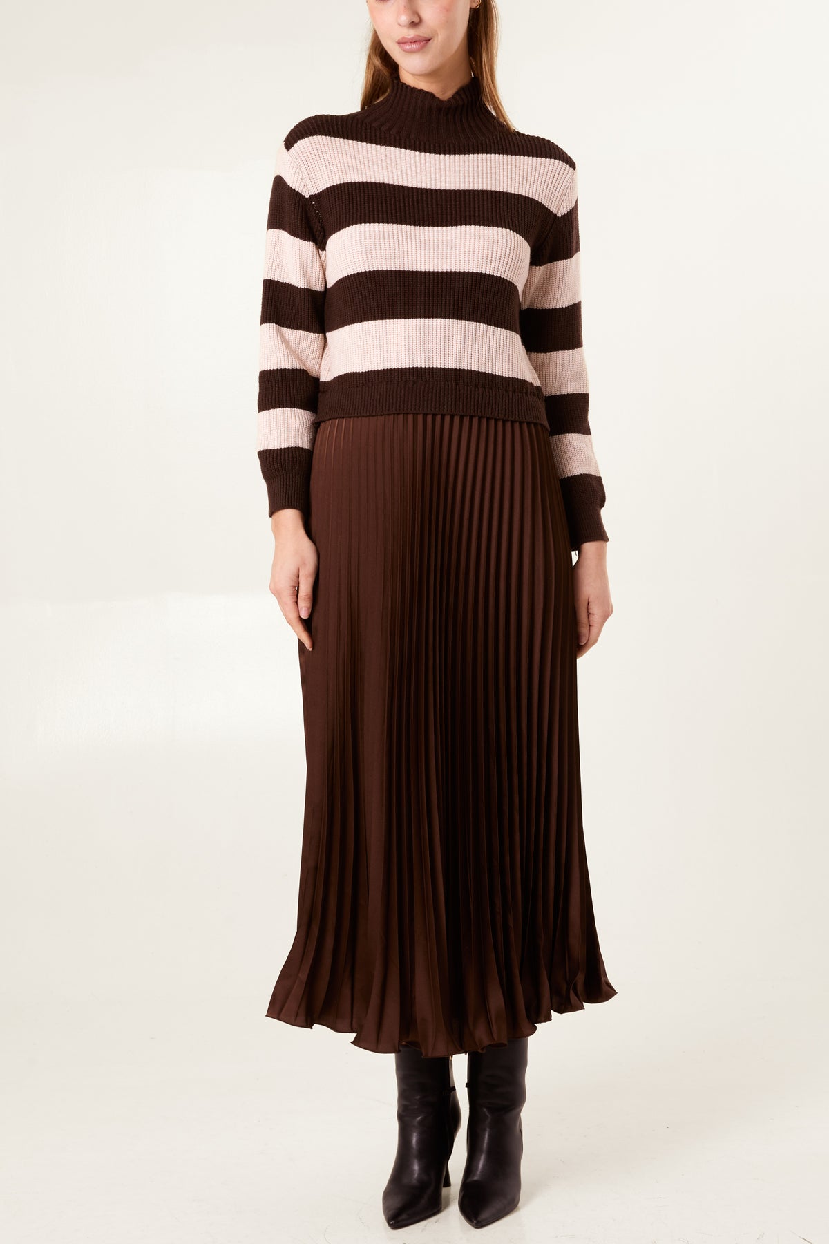 High Neck Striped Jumper Satin Skirt Dress