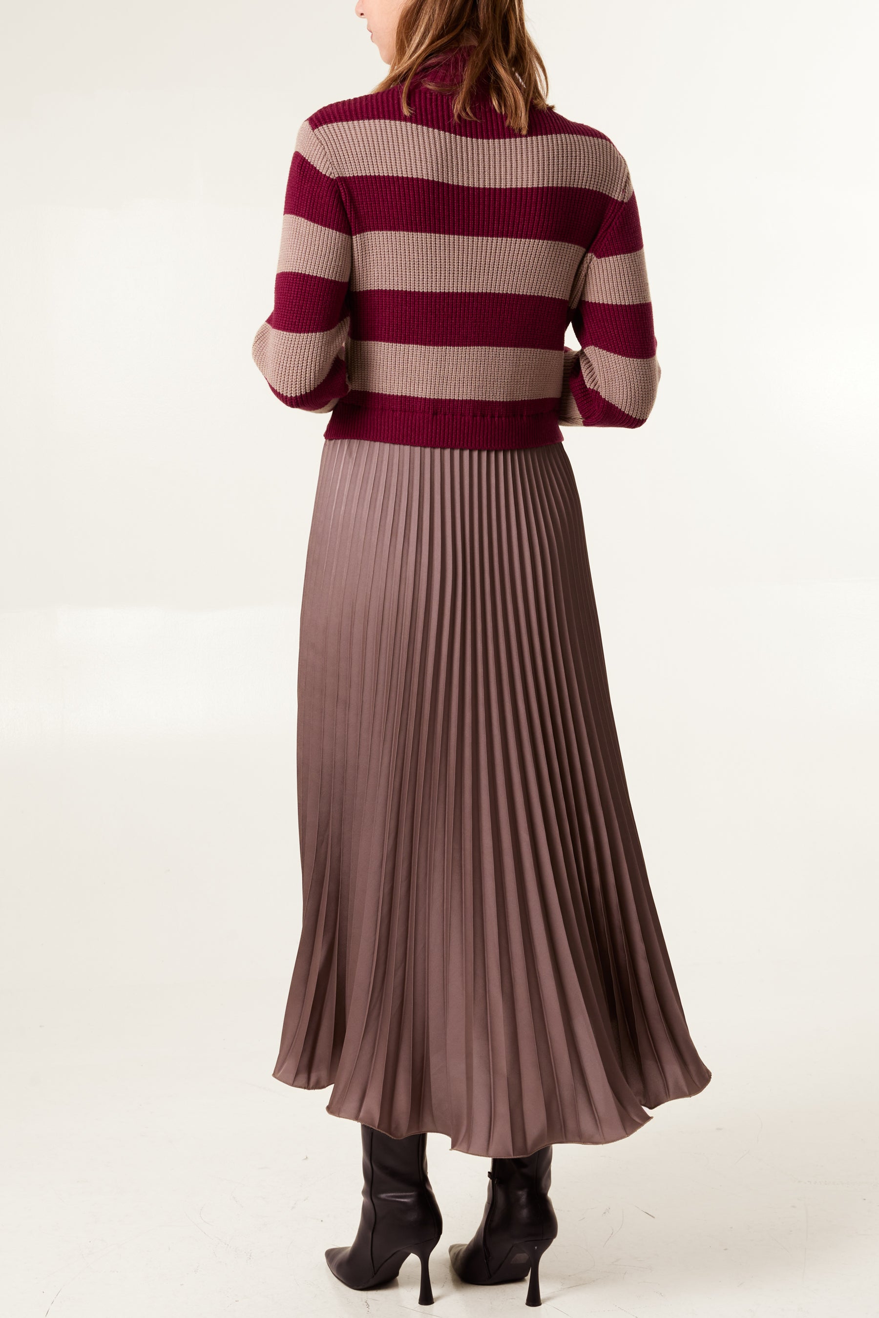 High Neck Striped Jumper Satin Skirt Dress