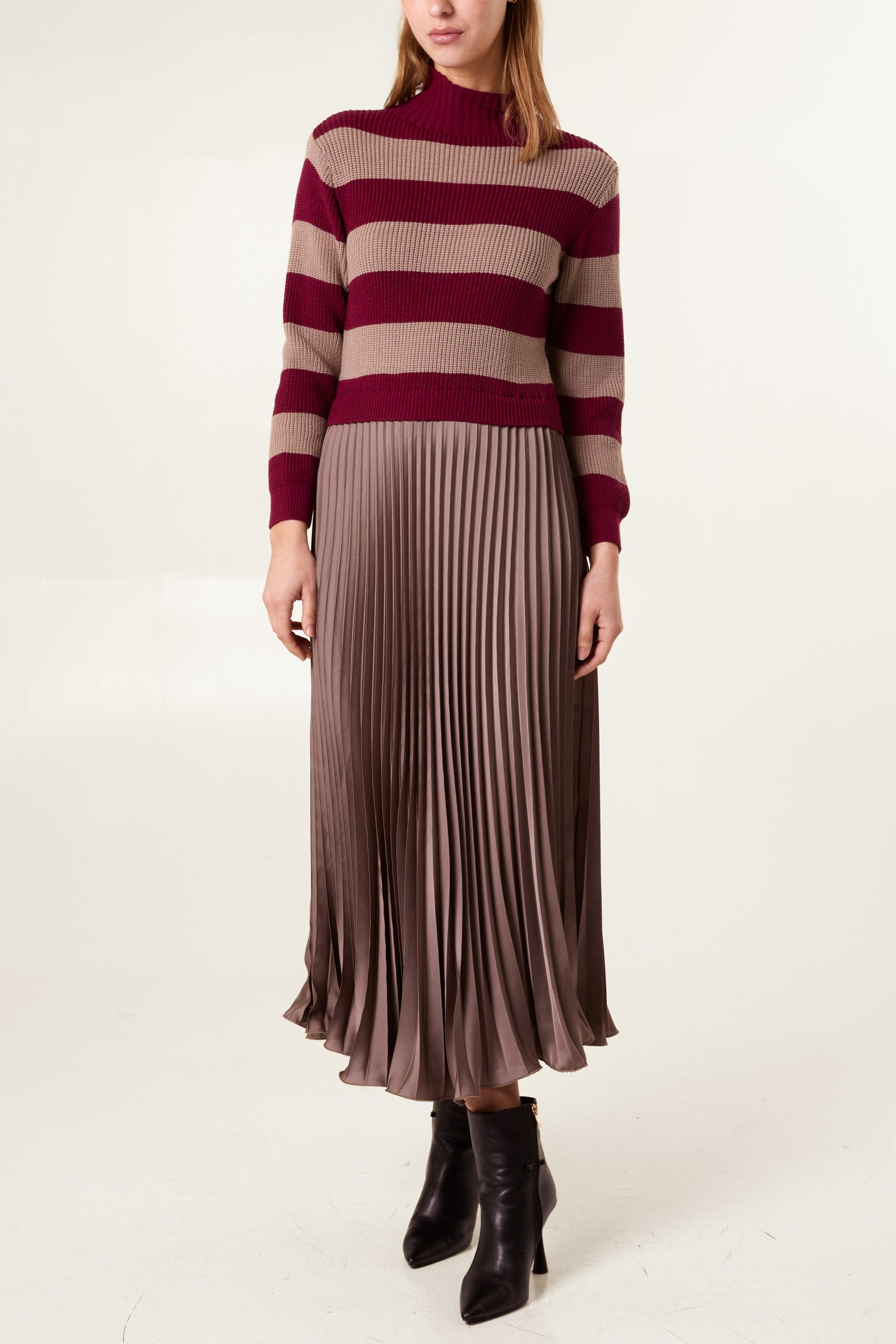 High Neck Striped Jumper Satin Skirt Dress