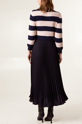 High Neck Striped Jumper Satin Skirt Dress