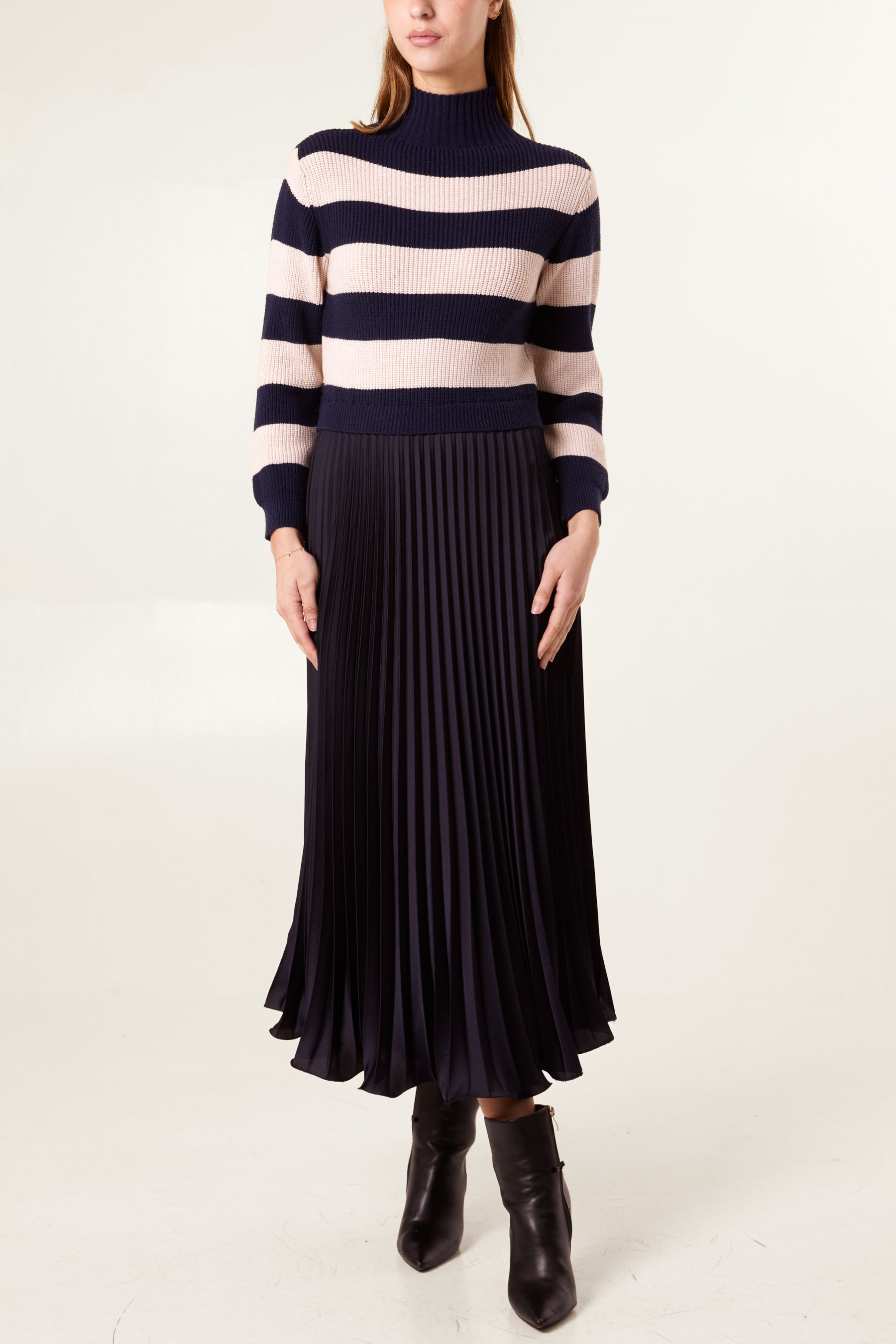 High Neck Striped Jumper Satin Skirt Dress