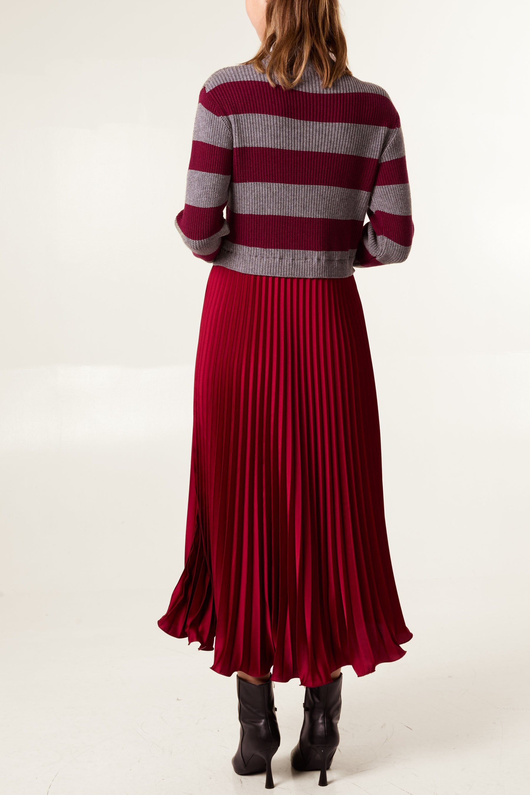 High Neck Striped Jumper Satin Skirt Dress