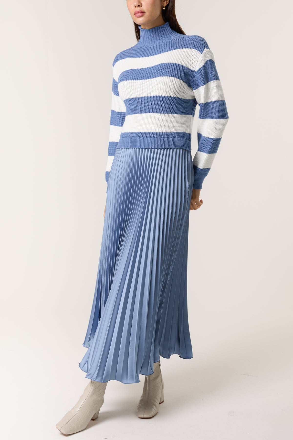 High Neck Striped Jumper Satin Skirt Dress